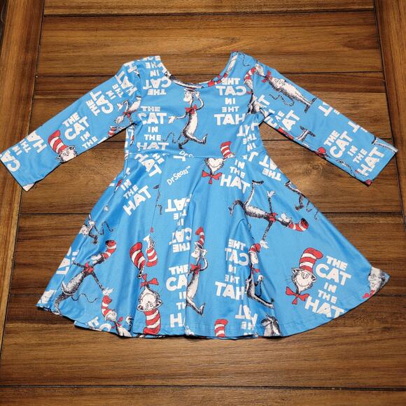 Dr. Seuss Girls Cat In The Hat LS Blue Dress - Size Small - Picture 3 of 4